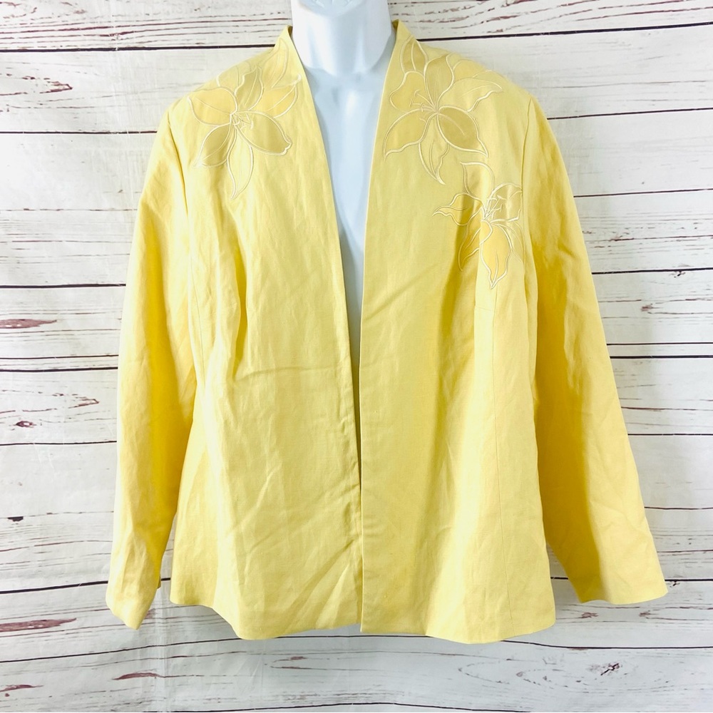 Coldwater Creek Jacket Women’s 20W Yellow Open‎ Blazer Linen Blend Embroidered.